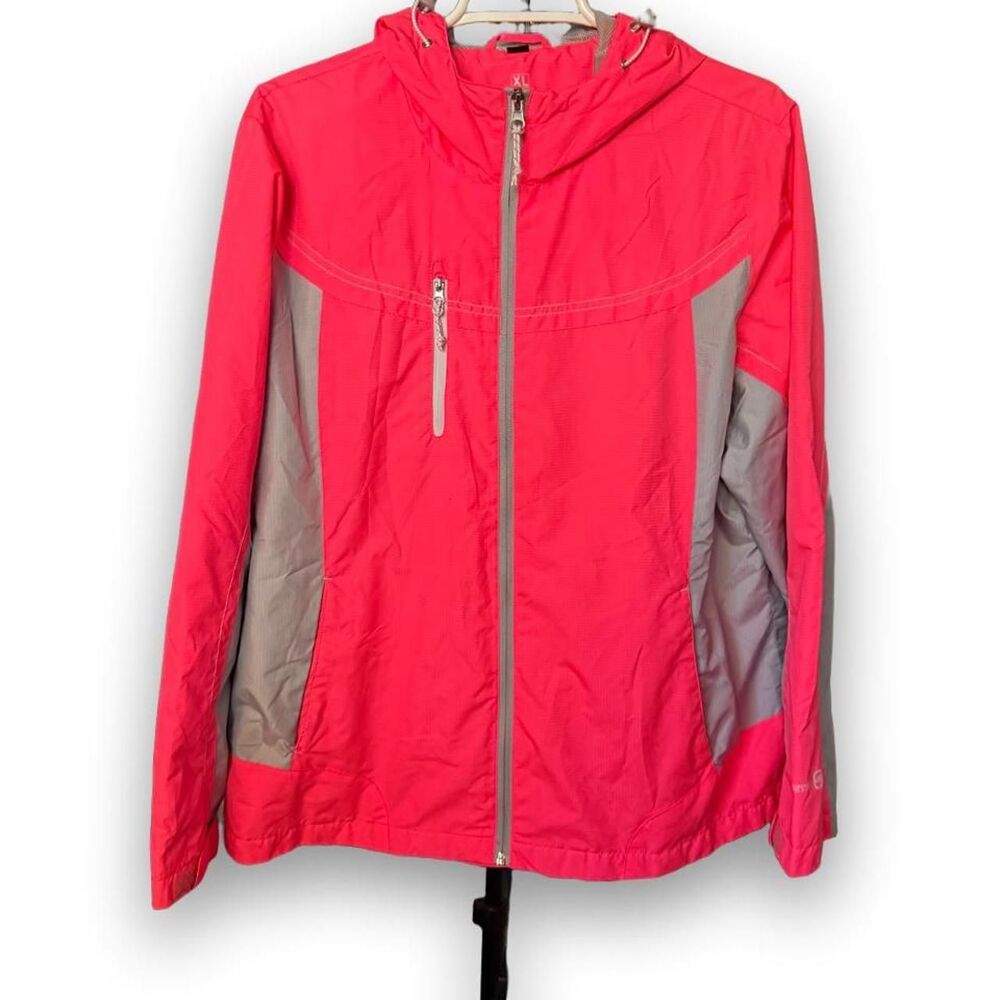 Free Country Women's XL Neon Pink Gray Lightweight Hooded Windbreaker Jacket
